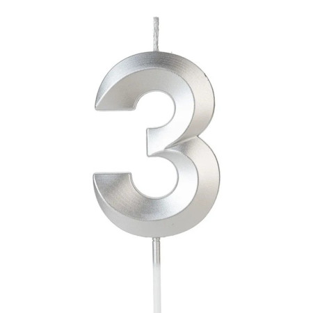 Lumanare Cifra 3, Cyrax, Model Diamond, 5 x 3.4 cm, Argintiu