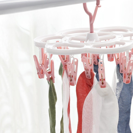 Uscator de Rufe Suspendat  cu 16 Carlige, Rotire 360 Grade, Mateiral Plastic, Usor de Depozitat, Multifunctional, 26 x 21 cm, Roz