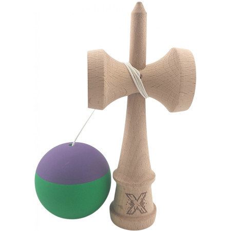 Kendama X Originala, Profesionala, Cyrax, din Lemn, Rubber Grip, 18 cm, Verde/Mov