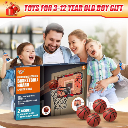 Cos de Baschet pentru Copii, Cyrax, cu Tablou de Bord Electronic, Minge, Pompa, 2 Moduri, Interior/Exterior, Inel Metalic si Rabatabil cu Arc, Luminos, 41x27.5x5 cm, Multicolor