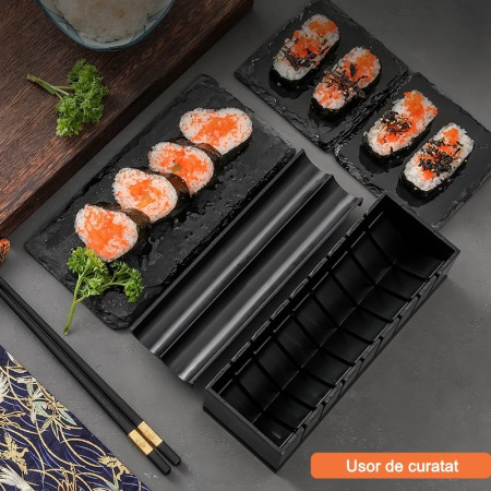 Set ustensile pentru facut sushi Cyrax, 10 piese, forma inima inclus, 3 forme clasice, extensibil, finisaj lucios, material ABS, curatare usoara, negru