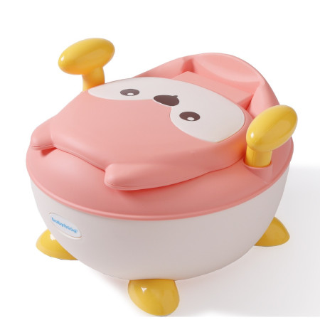 Olita pentru Copii, Cyrax, +6 luni, Compartiment Detasabil, cu Capac, Antiderapanta, din Plastic, Colac Moale, Model Animat Vulpe, cu Maner, 34.5 x 35 x 23 cm, Roz/Alb