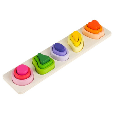 Jucarie Montessori din Lemn, Cyrax, Tip Puzzle, cu 5 Forme Asimetrice, 15 Piese, Model Fructe, Educativa, Interactiva, Creativa, Materiale Non Toxice, +2 Ani, 29x6.5 cm, Multicolor