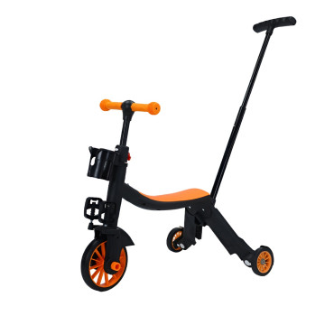 Bicicleta 8 in 1, Cyrax, Transformabila, Multifunctionala, Reglare Inaltime, cu Maner de Impingere Detasabil, Tricicleta, Trotineta, 3 Roti, Pedale, Cosulet, 3-6 Ani, Portocaliu