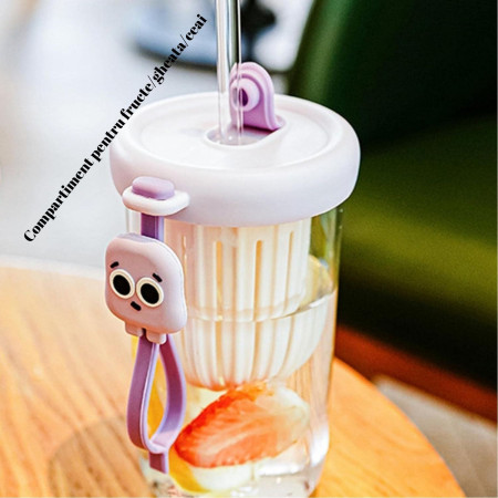 Pahar din silicon, cu capac si pai, pentru copii, Cyrax, anti-cadere, compartiment pentru fructe/ceai/gheata, rezistent la temperaturi inalte, 500ml, Mov, 14.5x8.8x20 cm