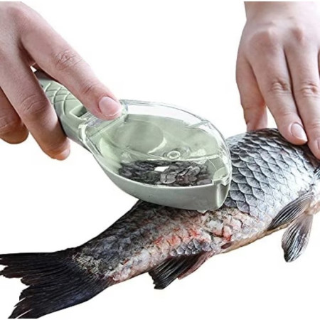 Curatator Manual Solzi de Peste, Cyrax, Forma Peste , Recipient cu Capcac pentru Solzi, Plastic, Verde deschis, 16x6 cm