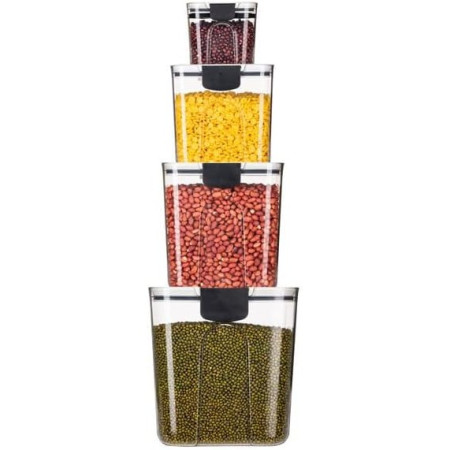 Set 4 Recipiente Depozitare Alimente,  Cyrax, pentru Organizare Bucatarie, cu Inchidere Ermetica, Transparent, Plastic fara BPA, Compatibile cu Masina de Spalat Vase, Diferite Dimensiuni, 350 ml, 1300 ml, 2700 ml, 4600 ml