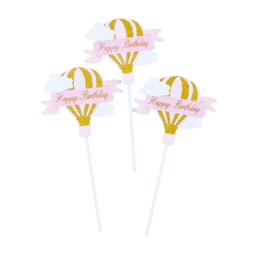 Set 3 Toppere pentru Tort, Cyrax, Model Balon cu Aer Cald Happy Birthday, Tematica Aniversare, Roz