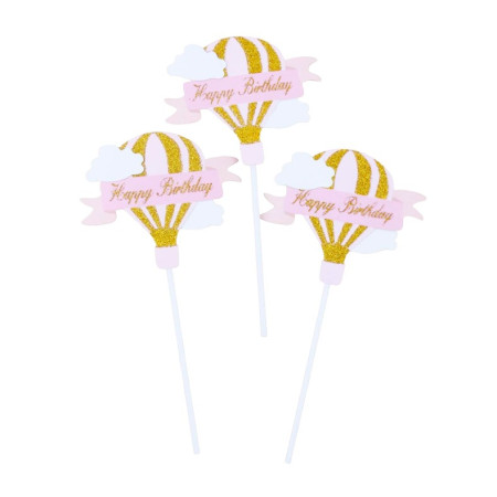 Set 3 Toppere pentru Tort, Cyrax, Model Balon cu Aer Cald Happy Birthday, Tematica Aniversare, Roz