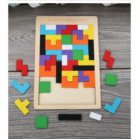 Puzzle Montessori, Cyrax, din Lemn, Tip Tetris, +36 Luni, Forme Neregulate, 40 Piese, 26.5 x 17.7 cm, Multicolor