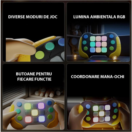 Jucarie Interactiva Cyrax, Tip Consola Pop It, 6 butoane functionale, 5 Moduri de Joc, 600 Niveluri, + 3 ani, Galben/Negru