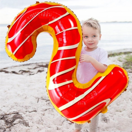 Balon din Folie Metalizata Cyrax, Figurina Cifra, Imprimeu Gogosi, Tema Aniversare 100 cm, Ambalaj Individual, Pai inclus, Umflare cu Aer sau Heliu, Multicolor, Cifra 2