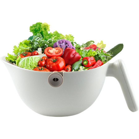 Bol cu Doua Straturi, Cyrax, pentru Fructe, Legume, cu Cos de Scurgere a Apei, 2L, din ABS+PP, 29.9 x 22.5 x 11.8 cm, Alb - Gri