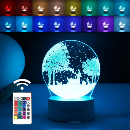 Lampa LED decorativa,  3D, Peisaj de iarna, cu telecomanda, doua moduri de alimentare USB si baterii, 20 cm inaltime, din material acril si lumina multicolora, alb