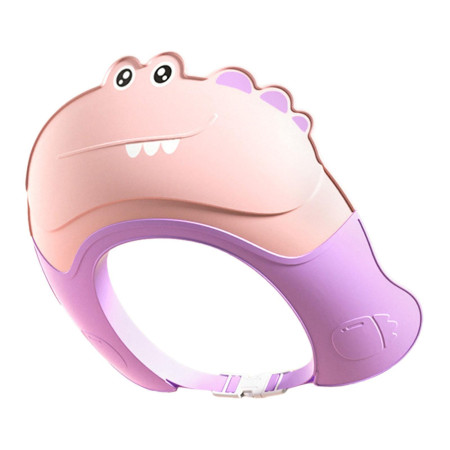 Casca de Dus, Cyrax, Previne Scurgerea Apei si Samponului pe Fata, 0-12 Ani, Ajustabila, din TPE+PP, 20 x 23 cm, Model Crocodil, Roz/Mov
