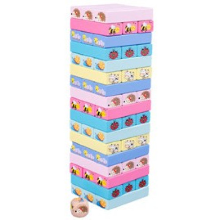Joc de Societate, Cyrax, pentru Copii, din Lemn, Interactiv, Distractiv, Jenga Stack High Blocks, cu Zar, 51 de Piese Animate, 24.5x18x5 cm, Multicolor
