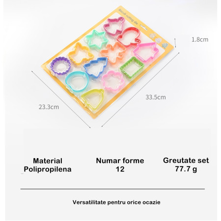 Set 12 forme pentru prajituri Cyrax, material polipropilena, diverse forme, pentru orice ocazie,  adancime 1.6 cm, 23.3 x 33.5 x 1.8 cm, multicolor