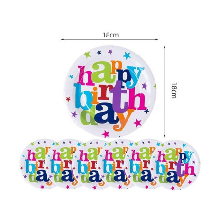 Set 6 Farfurii Unica Folosinta, Cyrax, Imprimeu Happy Birthday, din Carton, Diametru 18 cm, Multicolor