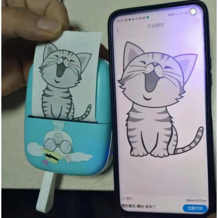 Set Mini Imprimanta Foto Portabila, Cyrax, Include: 1x Set de Markere, 5x Role de Hartie Termica, 5x Role Hartie Adeziva, Incarcare USB, Bluetooth, Print Alb-Negru, Model Pisica, Albastru