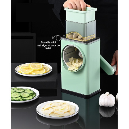 Feliator manual pentru legume Cyrax, 3 lame din otel inxodabil, 3 tipuri de feliere, material carcasa ABS, latime maxima feliere 4 mm, baza de tip ventuza, usor si sigur de utilizat, 28.5 x 9,2 x 13.5 cm, verde