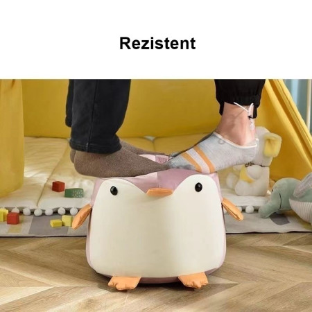 Taburet Pentru Copii, Cyrax, Cadru din Lemn Masiv, 25 x 29 x 29 cm, Perna de Burete Elastica si Maner de Transport, in Forma de Pinguin, Roz
