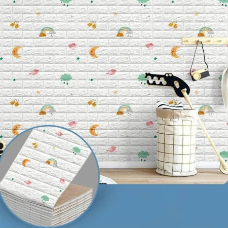 Set 10 Placi Tapet 3D,  70 x 77 cm, Grosime 3 mm, din Polietilena, Tip Caramida, Model Curcubeu, Suprafata acoperita 5.3 mp, Alb