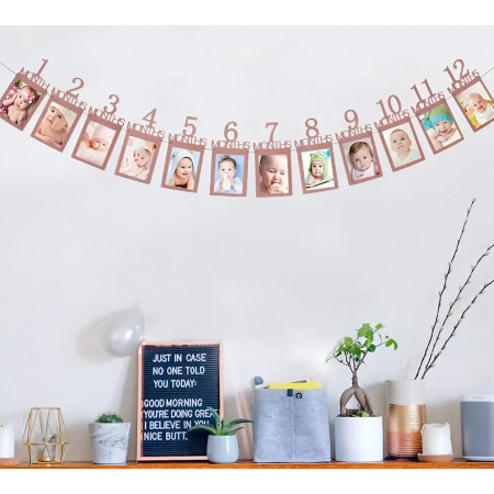 Banner pentru Poze, Cyrax, 15.2x10.2 cm, Tema Prima Aniversare, Model Primele 12 Luni, Rola Ata Inclusa, Roz