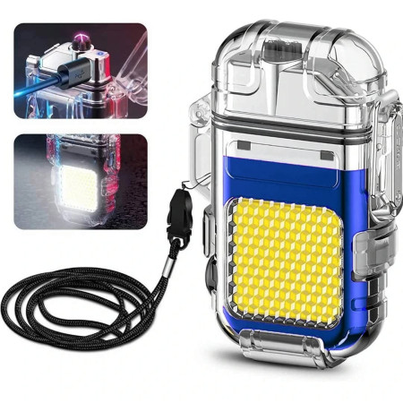 Lanterna Tip Breloc cu Bricheta,  Impermeabila, 3 Moduri Iluminare, 300 mAh, Incarcare USB-C, COB, Raza de Actiune 50 - 100 m, 7.4 x 4.9 x 1.7 cm, Albastru