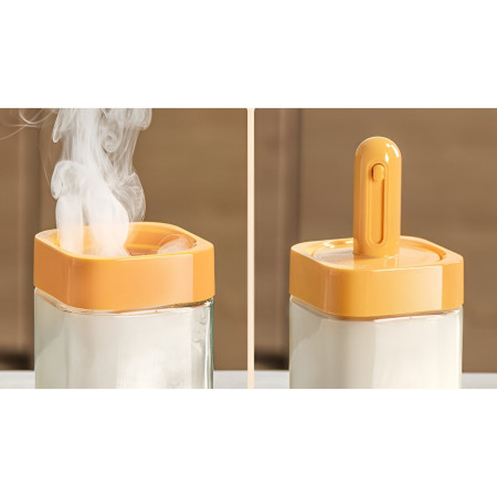 Recipient pentru Depozitarea Condimentelor, Cyrax, Borcan din Sticla, Capac si Lingura Incorporate, Uz Casnic, 300 ml, 7.1x7.1x14.8 cm, Portocaliu