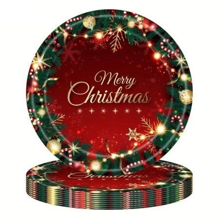 Set 16 Farfurii de Unica Folosinta, Cyrax, Model Merry Christmas, Tematica Craciun, 23 cm, Rosu/Verde