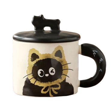 Cana din Ceramica, Cyrax, Model in Cutie pentru Cadou, Cana pentru Ceai, Cafea, Cana Retro Design Capac cu Figurina 3D, 9.5 x 8 x 8 cm, 360 ml, Bej, Print Pisica Galben Negru