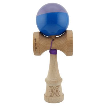 Kendama X Originala, Profesionala, Cyrax, Big Cups V2, Super Sticky cu Cupe Mari, Rulment Metalic, din lemn 18 cm, Ata 55 cm, Mov/Albastru