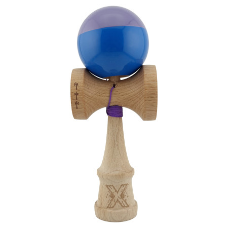 Kendama X Originala, Profesionala, Cyrax, Big Cups V2, Super Sticky cu Cupe Mari, Rulment Metalic, din lemn 18 cm, Ata 55 cm, Mov/Albastru