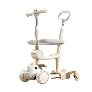 Trotineta Multifunctionala 6 in 1, Cyrax, Pentru Copii De La 10 Luni Pana La 12 Ani, Cu Maner De Impingere, Reglabil 360, Pliere Usoara, Reglarea Inaltimii, Model Dinozaur, Alb/Bej