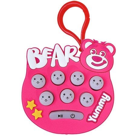 Jucarie pentru copii portabila Cyrax, joc Gopher, cu lumini si muzica, tip breloc, model ursulet, material silicon si ABS, roz