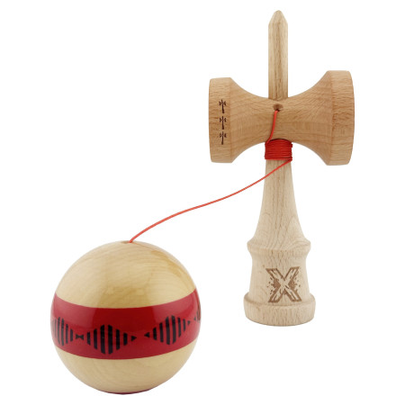 Kendama X FREQUENCY Originala, Profesionala, Cyrax, Big Cups V2, Super Sticky cu Cupe Mari, Rulment Metalic, din lemn 18 cm, Ata 55 cm, Rosu/Maro