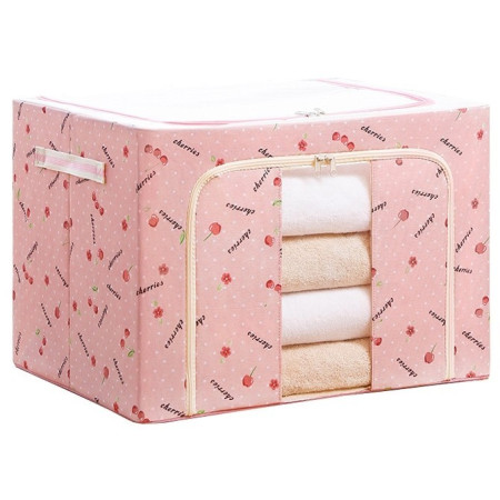 Cutie de Depozitare Pliabila,  Cu Fermoar, 66 L, Textil, 50x40x33 cm, cu Fereastra, Cadru Metalic, Suport Baza Stabil din Plastic, Imprimeu Cirese, Roz