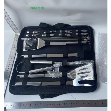 Set 20 Ustensile pentru Gratar, Cyrax, din Otel Inoxidabil, Geanta Oxford, Argintiu