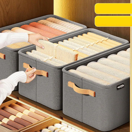 Cutie Depozitare  pentru Haine, lucruri, din Textil cu Cadru Metalic, Manere Laterale, forma Dreptunghiulara, 35 x 25 x 22cm, volum 19 L, Gri