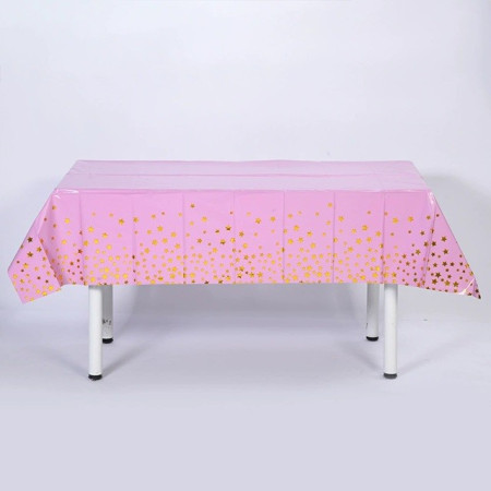 Fata de Masa, Cyrax, din Folie, Imprimeu Stele Aurii, Impermeabila, 137 x 274 cm, Roz