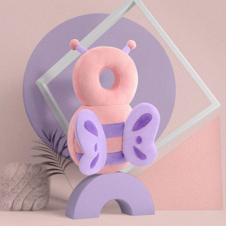 Perna tip Rucsac pentru Protectia Capului,  Tetiera tip Fluturas de Plus, pentru Bebelusi, 33x6x19 cm, Roz