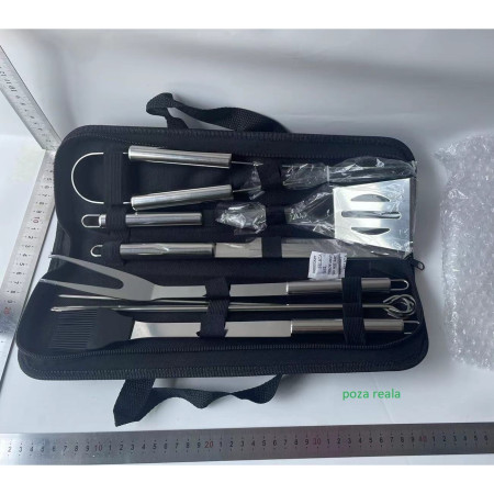 Set 9 Ustensile pentru Gratar, Cyrax, din Otel Inoxidabil, Geanta Oxford, Argintiu