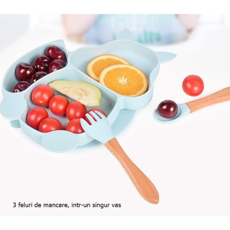 Set 10 piese diversificare bebelusi si copii din silicon Cyrax, baveta, farfurie compartimentata cu ventuza, bol cu ventuza, tacamuri din lemn si silicon, cana pentru gustari, fara alergeni, baby blue