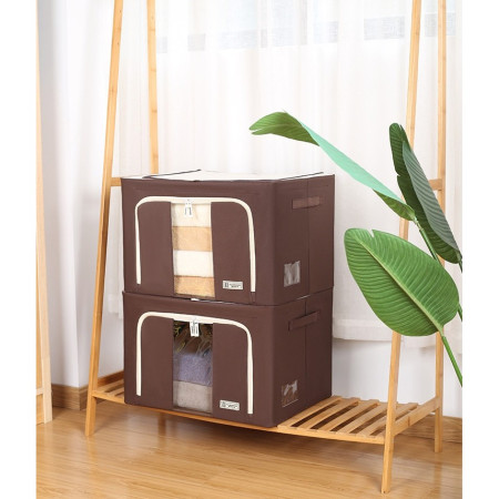 Cutie de Depozitare Pliabila,  Cu Fereastra si Fermoar Dublu, 66 L, Textil Premium, 50x40x33 cm, Cadru Metalic, Impermeabila, Maro