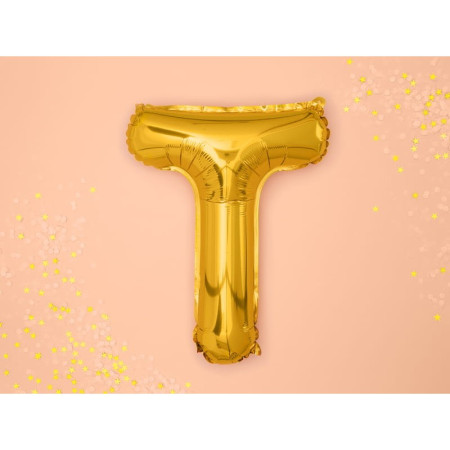 Balon Folie Metalizata Litera T, Cyrax, 80 cm, Umflati cu Heliu sau Aer, Ambalaj Individual, Pai inclus, Auriu