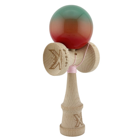 Kendama X Originala, Profesionala, Cyrax, Big Cups V2, Super Sticky Cupe Mari, Rulment Metalic cu Ata 55 cm, Rosu/Verde