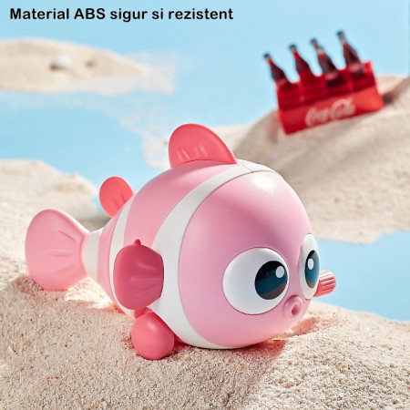 Jucarie mecanica pentru copii Cyrax, pestisor haios, cu cheita, distractiv, se taraste, se misca, 11 x 9 x 7.5 cm cm, roz