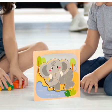 Puzzle Montessori din Lemn pentru Copii, Cyrax, 3D, 0-3 Ani, Model Elefant, Educativ, Intuitiv, Creativ, 4 Piese, 15x15x0.5 cm, Multicolor