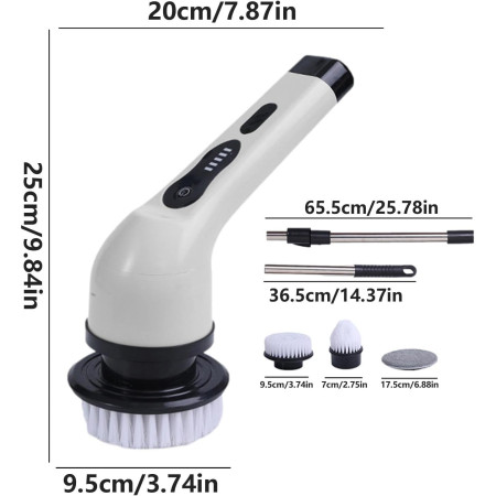 Perie Electrica de Curatare,  pentru Gresie, Baie, Bucatarie, 25x20x9.5 cm, cu 6 Capete, Maner Extensibil Detasabil 84-127cm, Incarcare USB-Type C, Rotire 360 de Grade, 3000 mAh, Culoare: Alb