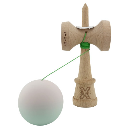 Kendama X Originala, Profesionala, Cyrax, Rubber Grip, Cupe Mari KING SIZE V3, Gaura in Baza, Rulment Metalic, din lemn 18 cm, Ata 62/65 cm, Gradient Roz/Verde